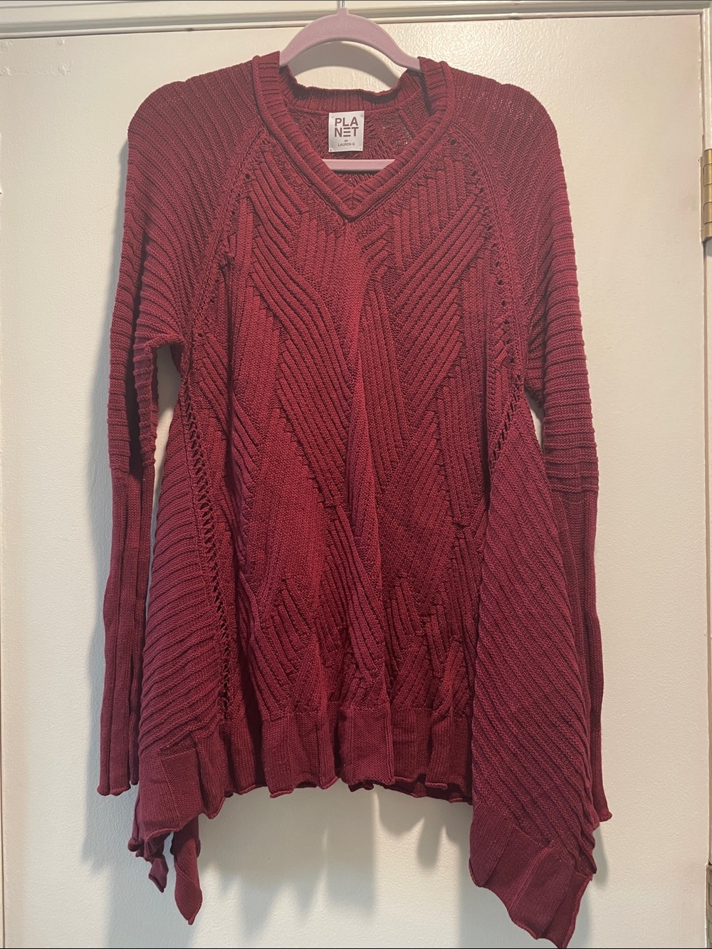 Planet by Lauren G V-Neck Cable Lagenlook Sweater in Burgundy